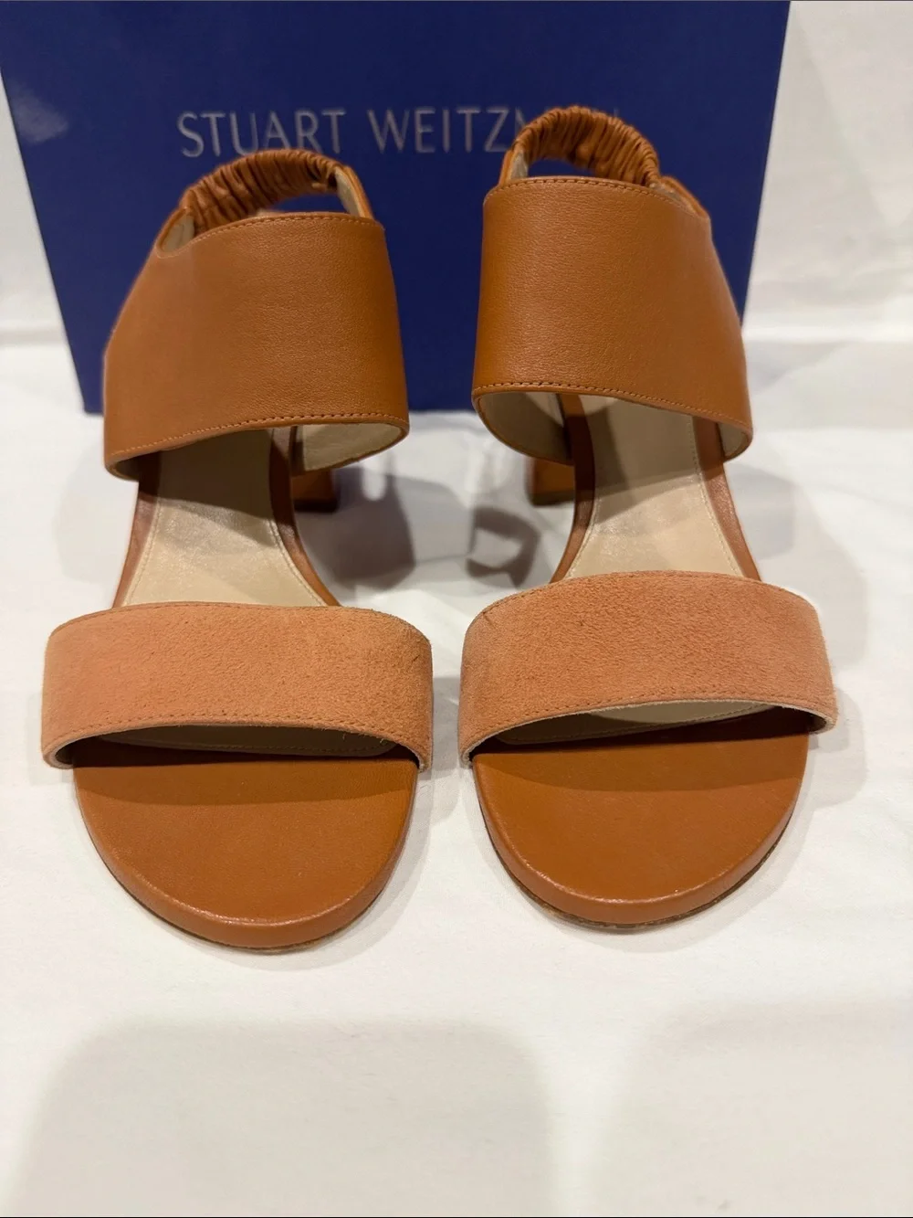 Stuart Weitzman Cognac Two-Tone Block Heel Sandals